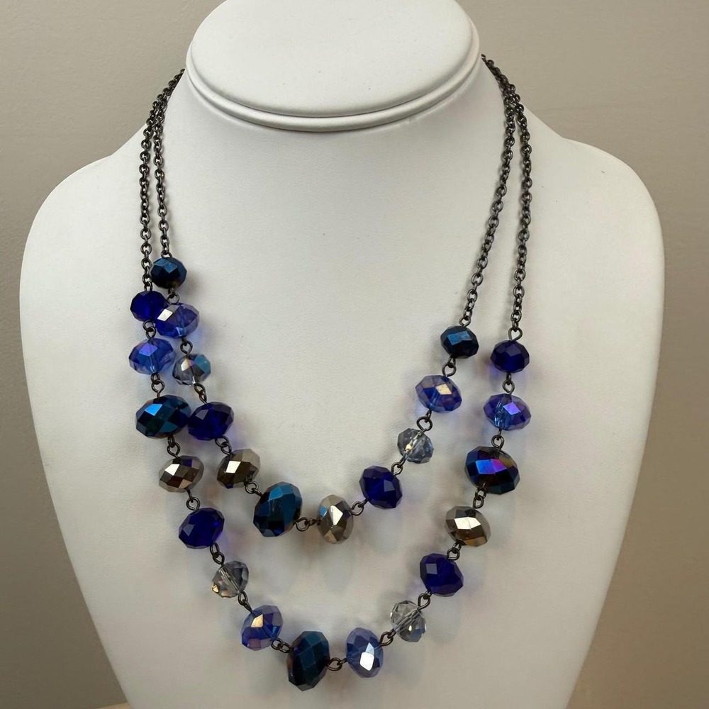 Gunmetal Tone Necklace Crystal Glass Double Strand Beaded Whimsigoth Statement